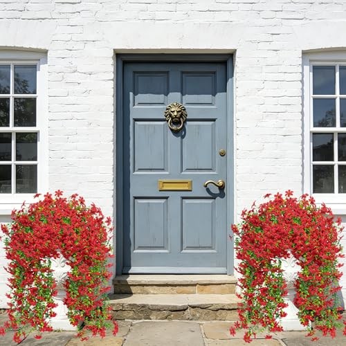 4 Pcs Artificial Hanging Flowers for Outdoors, Realistic Faux Silk Flowers Red gallery
