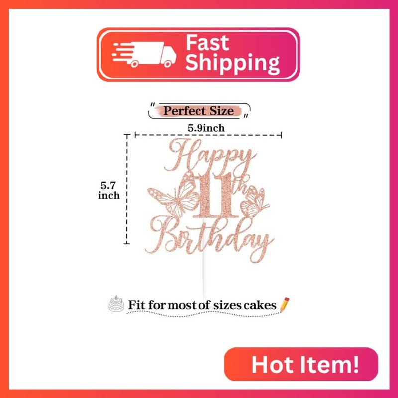 Rose Gold Glitter Happy 11th Birthday Cake Topper, Butterfly Happy 11th Birthday gallery