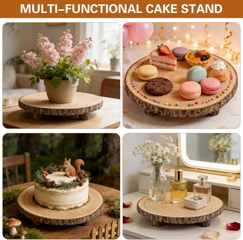 Wood Cake Stand with 4 Legs, 10-11 Inch Natural Rustic Wooden Slice Cupcake Stan gallery