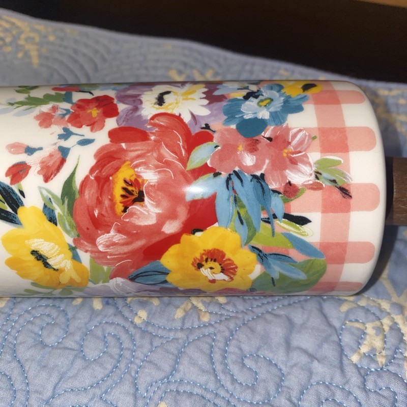 Pioneer Woman Ceramic Rolling Pin Sweet Romance Blossoms Pink Acacia Wood Handle gallery