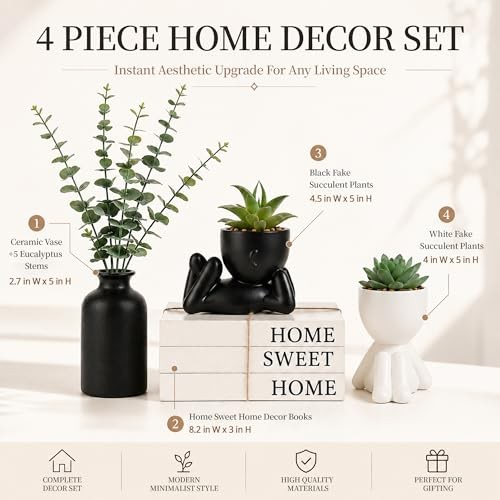 4PCS Farmhouse Home Decor Set, 3Pcs Faux Books + 2Pcs Fake Succulents Plants + gallery