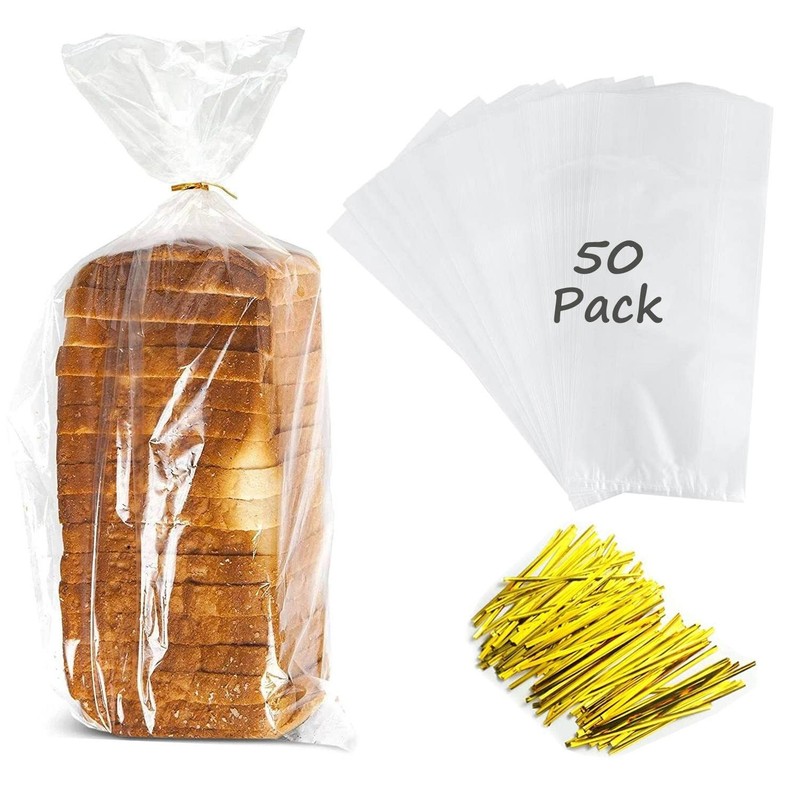 Large Bread Bags with Ties, 8 x 4 x 18″, 50 Pack, Clear, Reusable, Bulk Bread…
