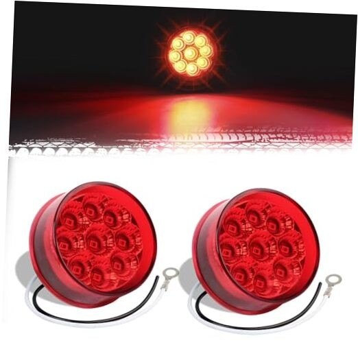 2 Pcs 2 inch Round Red 9LED Side Marker Clearance Lights with Red (2 Pcs)