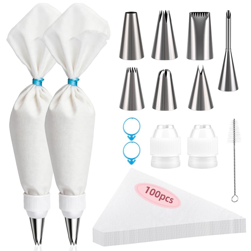 Piping Bags and Tips Set, 16 Inch 114 Pcs Cake Decorating Kit with 100 Dispos…