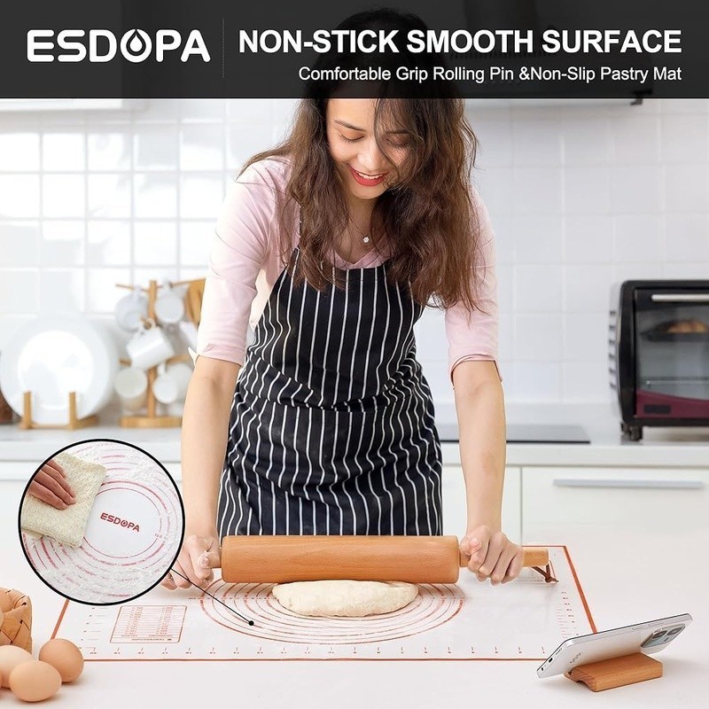 Wooden Rolling Pin W/ Handles Pastry Mat Stand Baking Dough Roller Kitchen Tool gallery