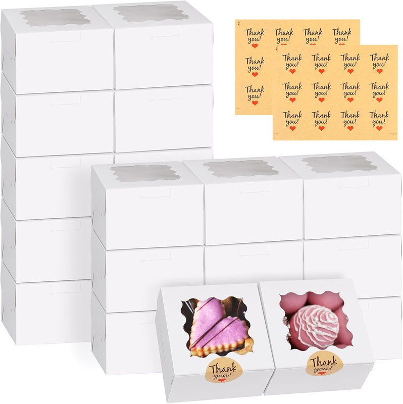 24pcs White Cookie Boxes, 4x4x2.5 Inches Bakery Boxes with Window, for Mini Cake gallery