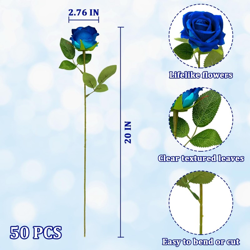 Wondrus Bulk Artificial Flowers 50 Pcs Fake Velvet Silk Blue Roses Long Stems gallery