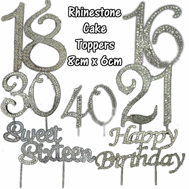 Birthday Diamante Rhinestone 80mm Cake Topper Gem Silver Pick Number Anniversary