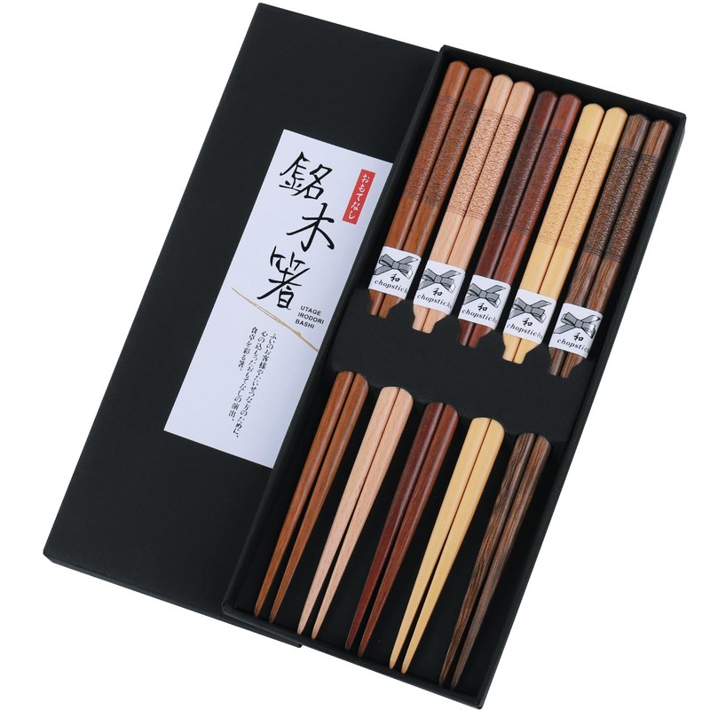 5 Pairs Reusable Chopsticks Japanese Natural Wooden Hand Carved 8.8 Inch