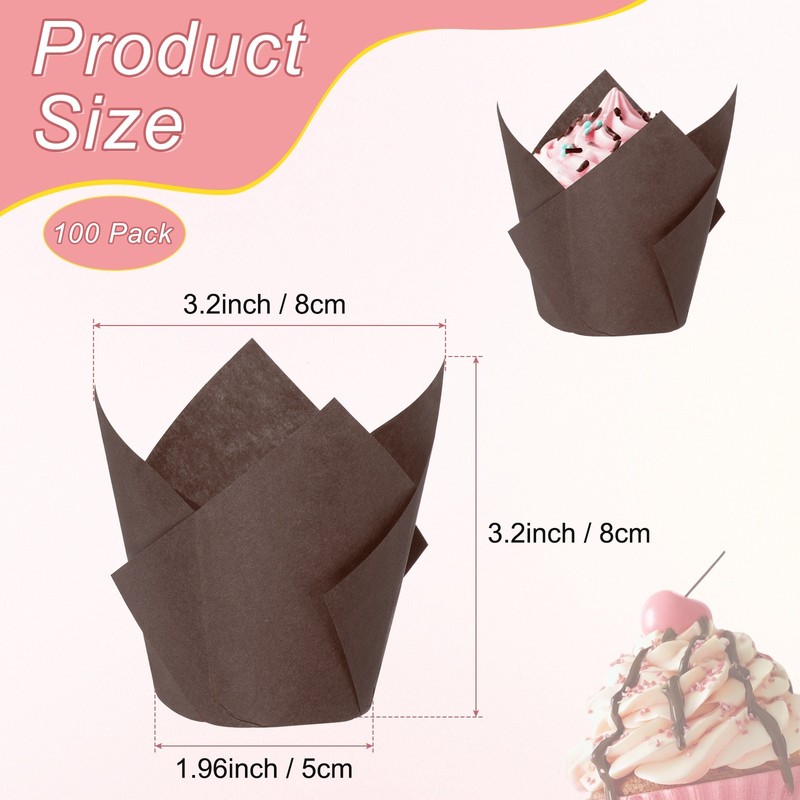 100-Pack Tulip Cupcake Liners, Greaseproof Paper Baking Cups for Party[Brown] gallery