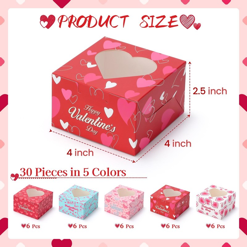 Valentine Cookie Treat Boxes 4x4x2.5 Inches Heart Window Cupcake Box 30 PCS gallery