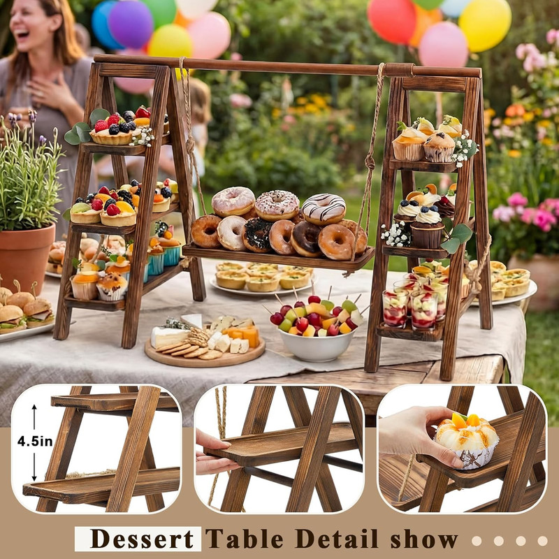 3-Tier Wooden Cupcake Stand with Platter - Foldable Dessert Display (Dark Walnut gallery