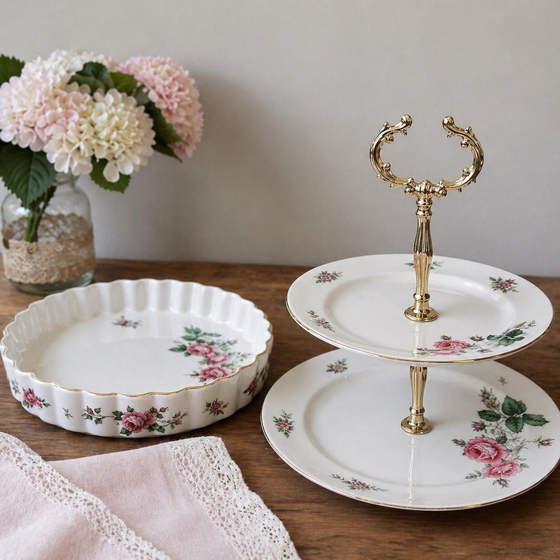 Christineholm Pink Rose 2 Tier Dessert Stand + Quiche Dish Set Porcelain