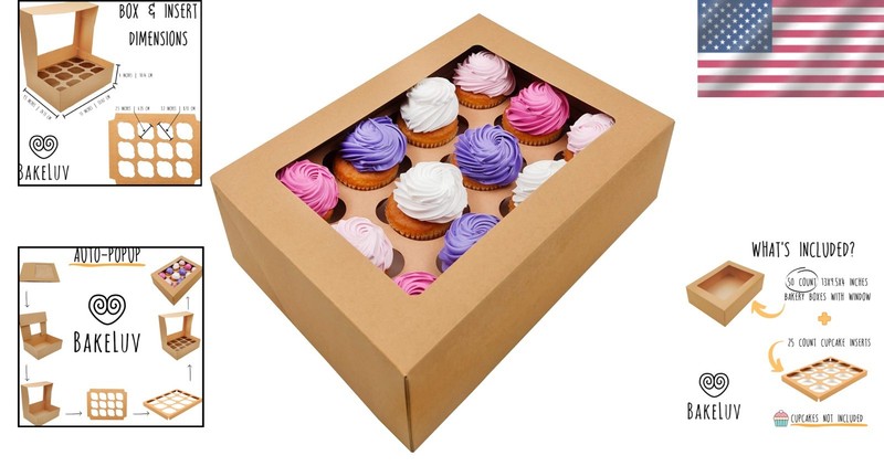 Sturdy 50 Brown 13x9.5x4 Inch Cupcake Boxes, Food Safe Bakery Display Containers gallery