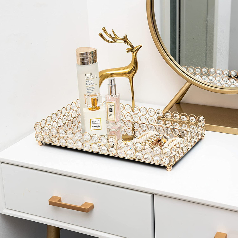 Feyarl Large Crystal Rectangle Mirrored Tray Cosmetic Vanity Gold gallery