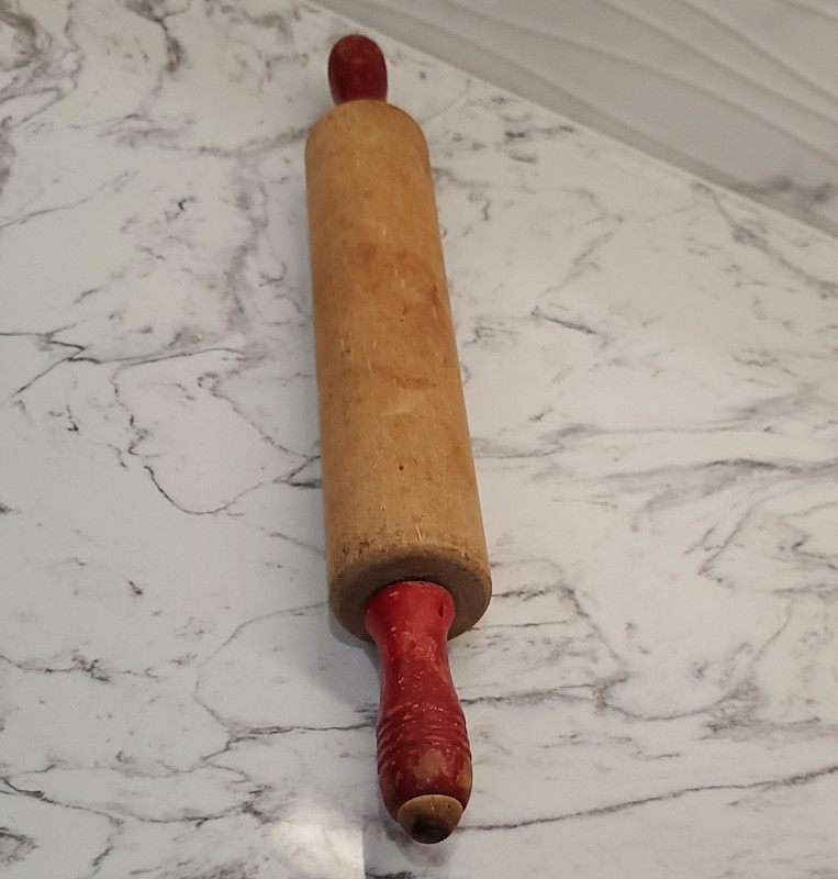 Vintage Wood Rolling Pin with Red Handles County Farmhouse Decor