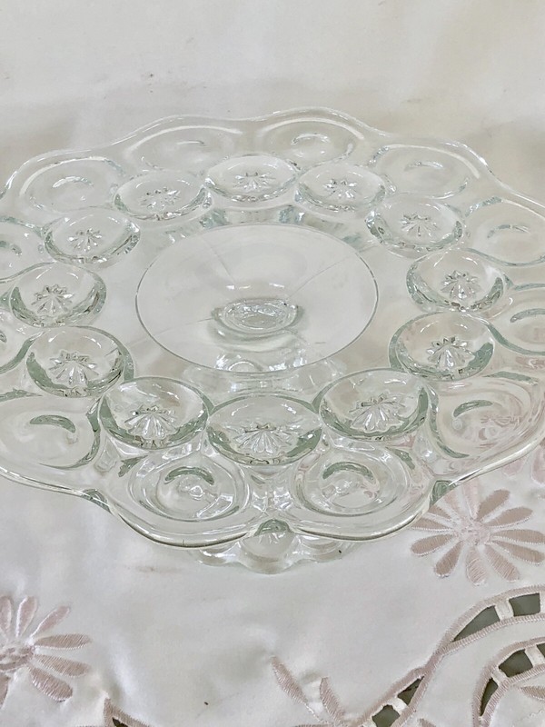 VINTAGE Thumbprint GLASS PEDESTAL CAKE PLATE STAND Cupcake Muffin Starburst gallery