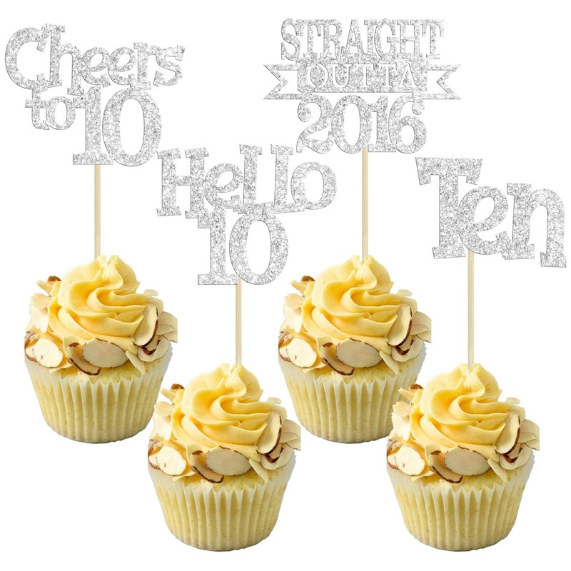 Ephlyn 24Pcs Happy 10th Birthday Cupcake Toppers Glitter Ten Cupcake Picks He…