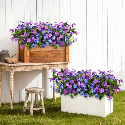 Artificial Fake Flowers for Outdoor, 6 Bundles Double Purple,dark&light Blue gallery