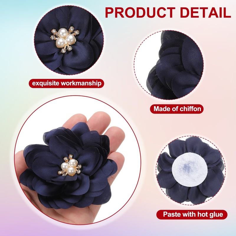 3.15 Inch Rhinestone Chiffon Flower, 5 Pcs Fabric Appliques, Navy gallery