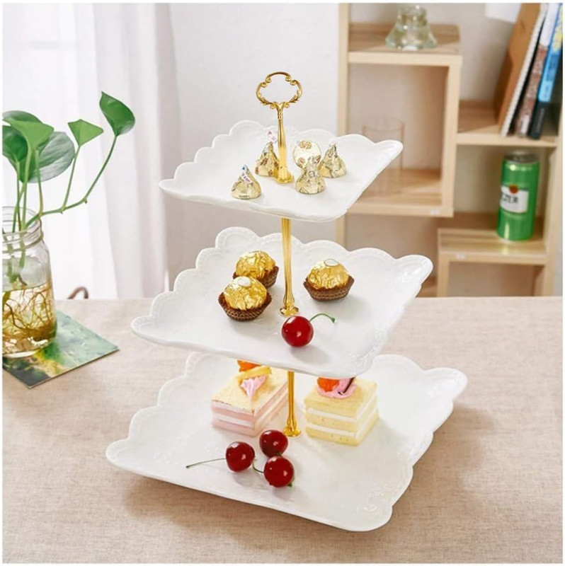3 Tier Porcelain Cupcake Stand, Tiered Serving Cake Stand, Square White Embossed gallery