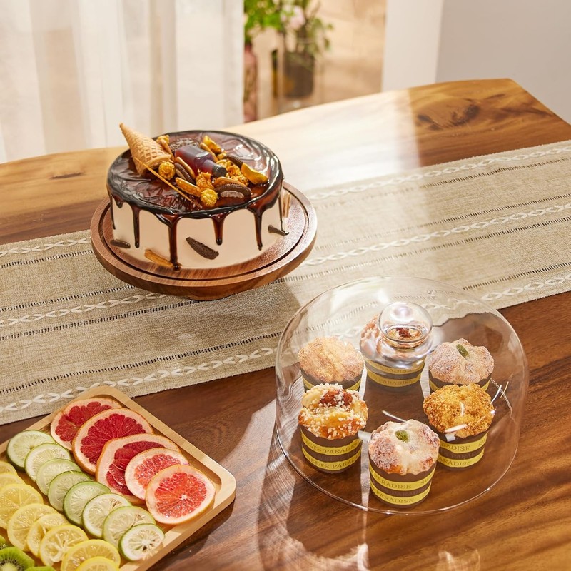 Glass Cake Stand W/ Lid,11in Wooden Rotating Cake Stand W/ Dome Cover Cake Plate gallery