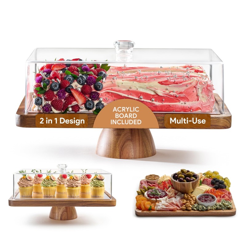Rectangular Acacia Wood Cake Stand with Lid – 2-in-1 Dessert Display & Charcuter