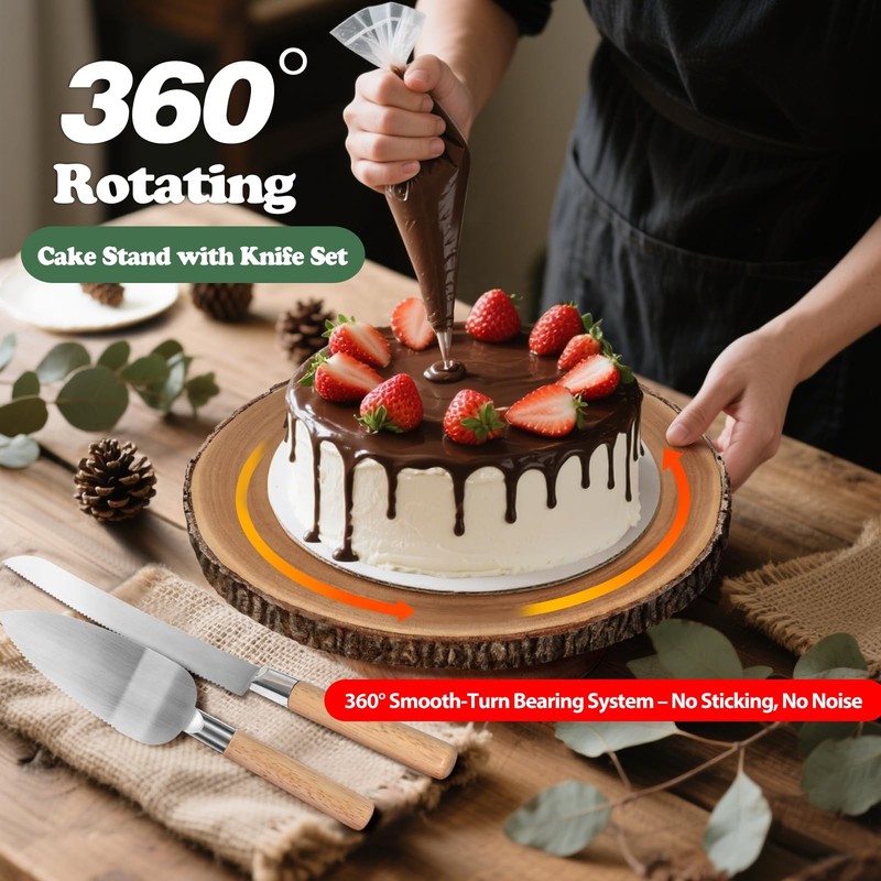 Rotating Cake Stand 12" Wood Cake Stand with Cake Cutting Set,Rustic Wooden C... gallery