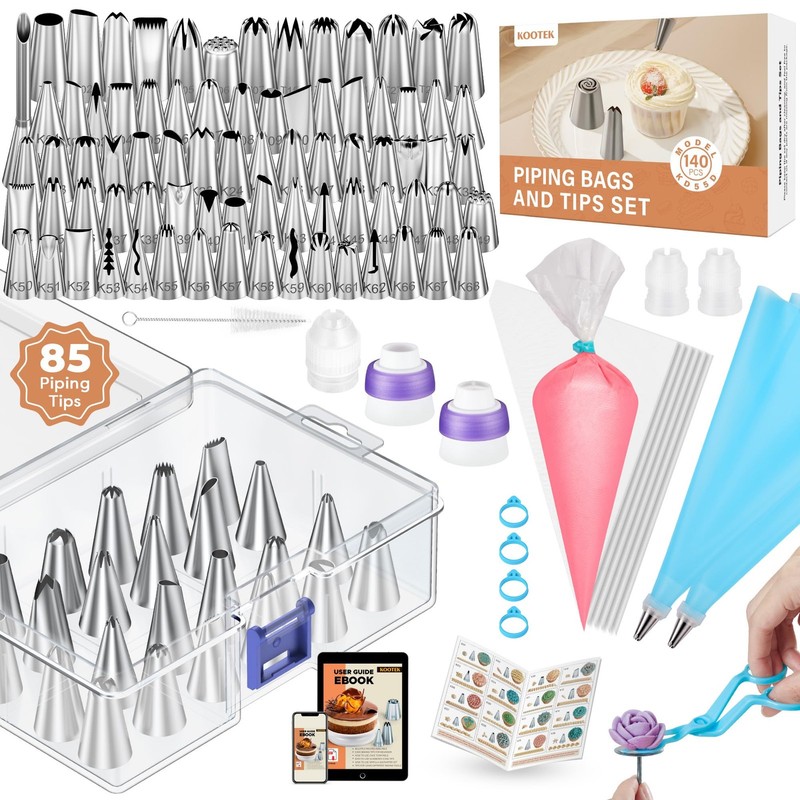 140Pcs Icing Piping Bags and Tips Set, Frosting Piping Kit with 78 Numbered I…