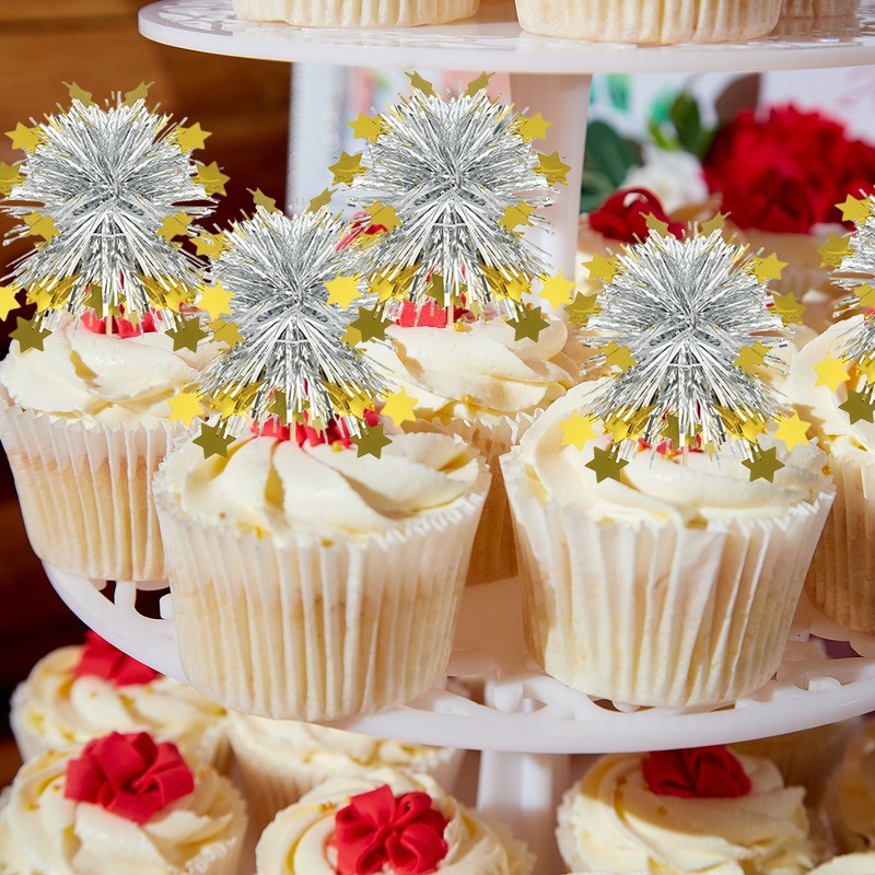 50 Pcs Firework Cupcake Toppers Sparkle Tinsel Snow Picks Red Gold gallery