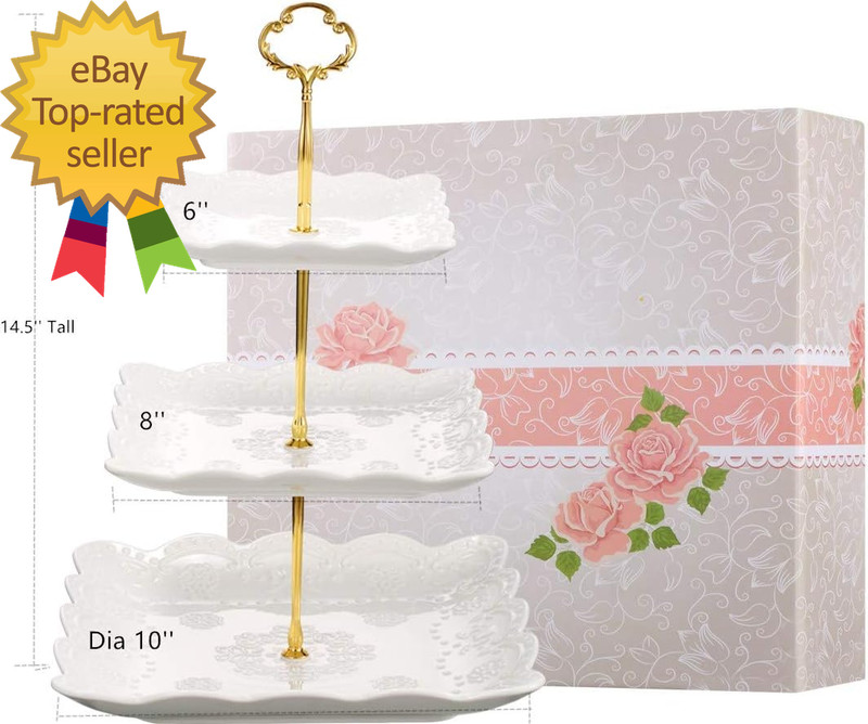 3 Tier Porcelain Cupcake Stand Tiered Serving Cake Stand Square White Embossed gallery