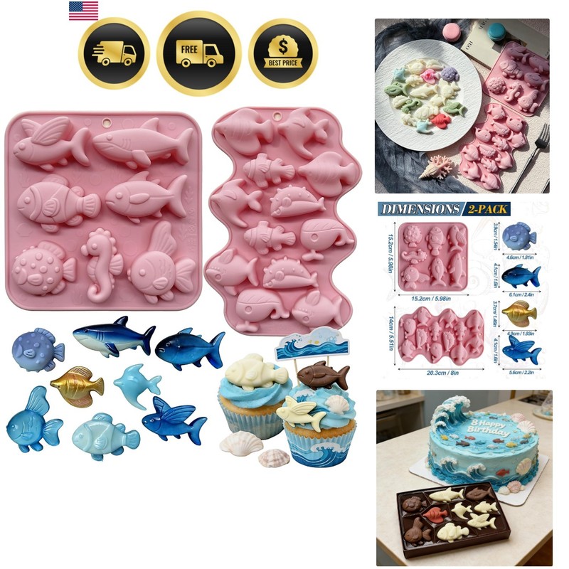 Ocean Sea Animal Silicone Molds, 2 Pack Marine Life Chocolate Mold Fish Candy…
