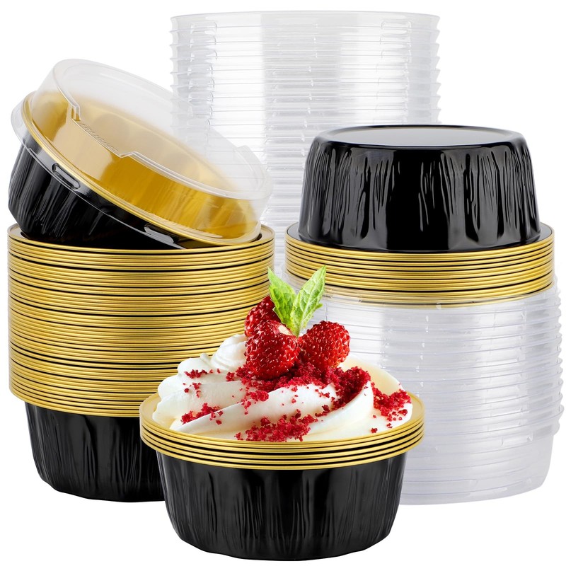 EUSOAR Cake Storage Container 50pcs 9oz Black Aluminum Baking Cups with Lids