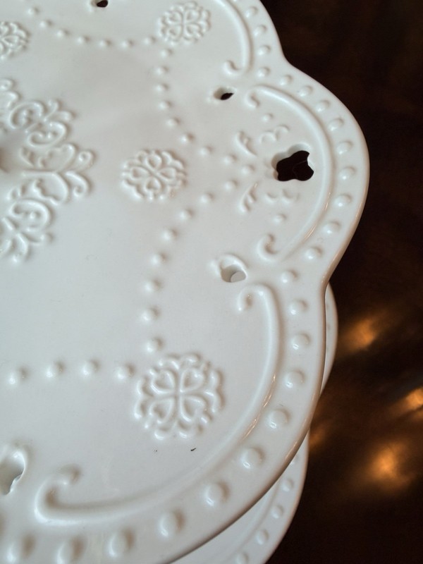 3-Tier White Ceramic Round Floral Embossed Cake Stand w/ Gold Metal Handle gallery
