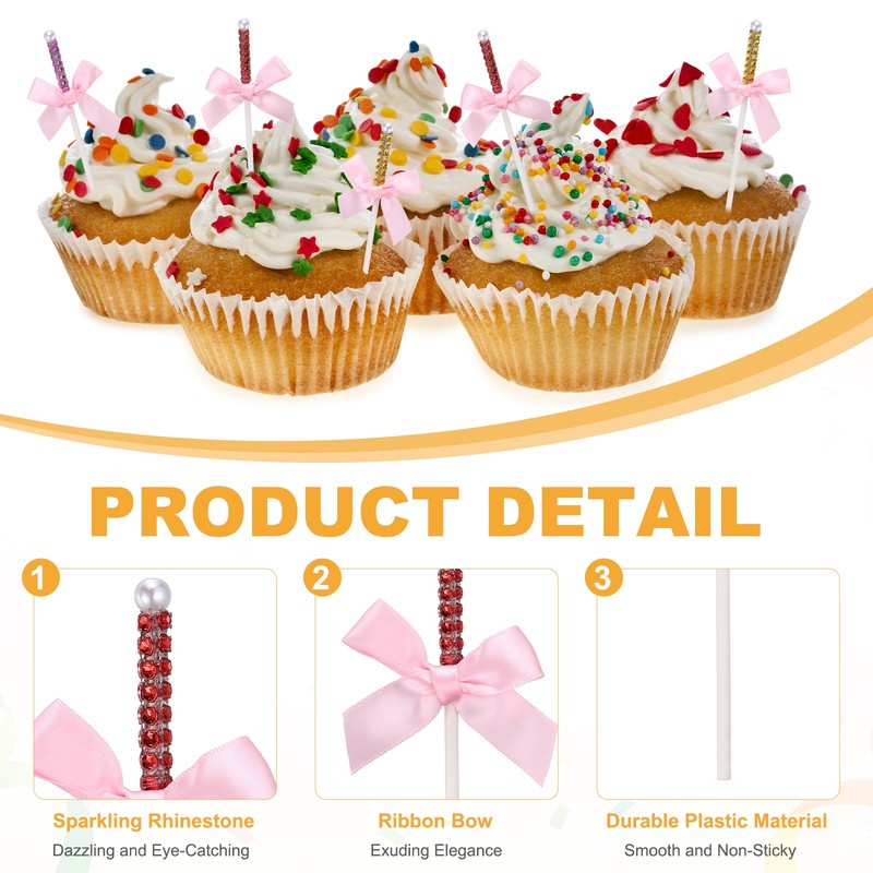 36 Pcs Bling Rhinestone Cake Sticks, Bow Lollipop Cake Toppers Pick, Pink gallery