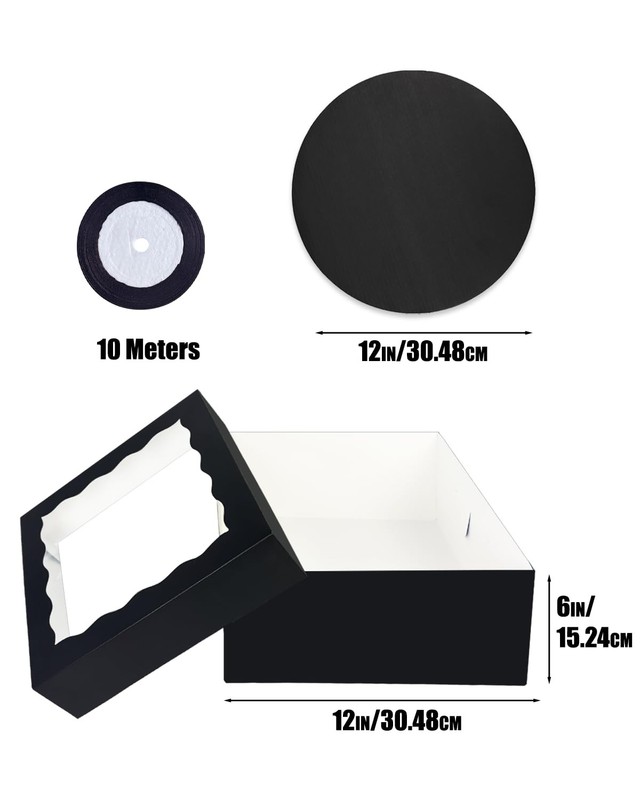Black Bakery Cake Boxes With Window Round Boards Ribbon 12x12x6 Inch 18 PCS gallery