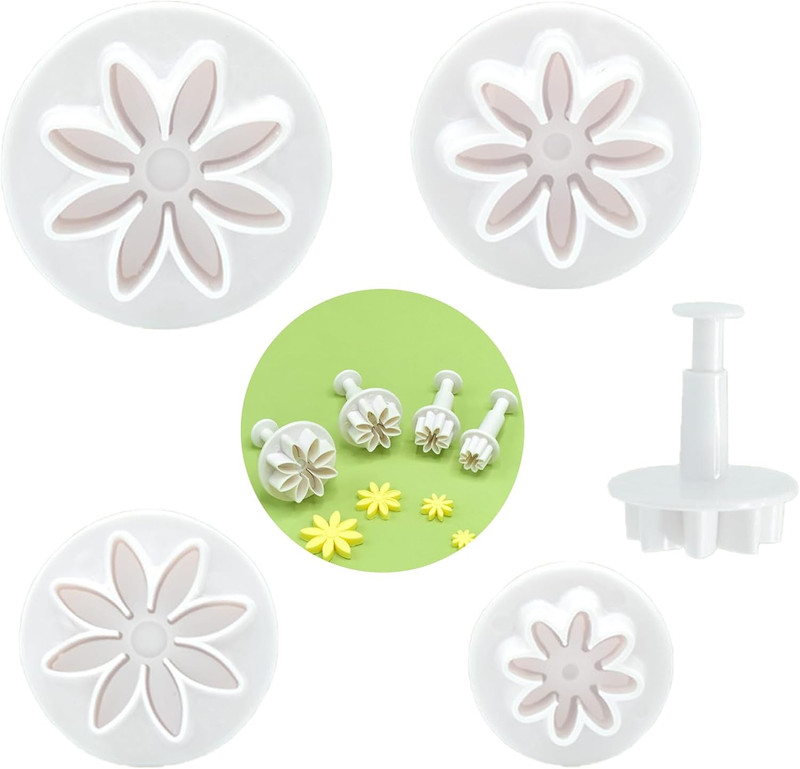 4 PCS Daisy Fondant Cutter Flower Cookie Cutters Chrysanthemum Plunger Cutters C