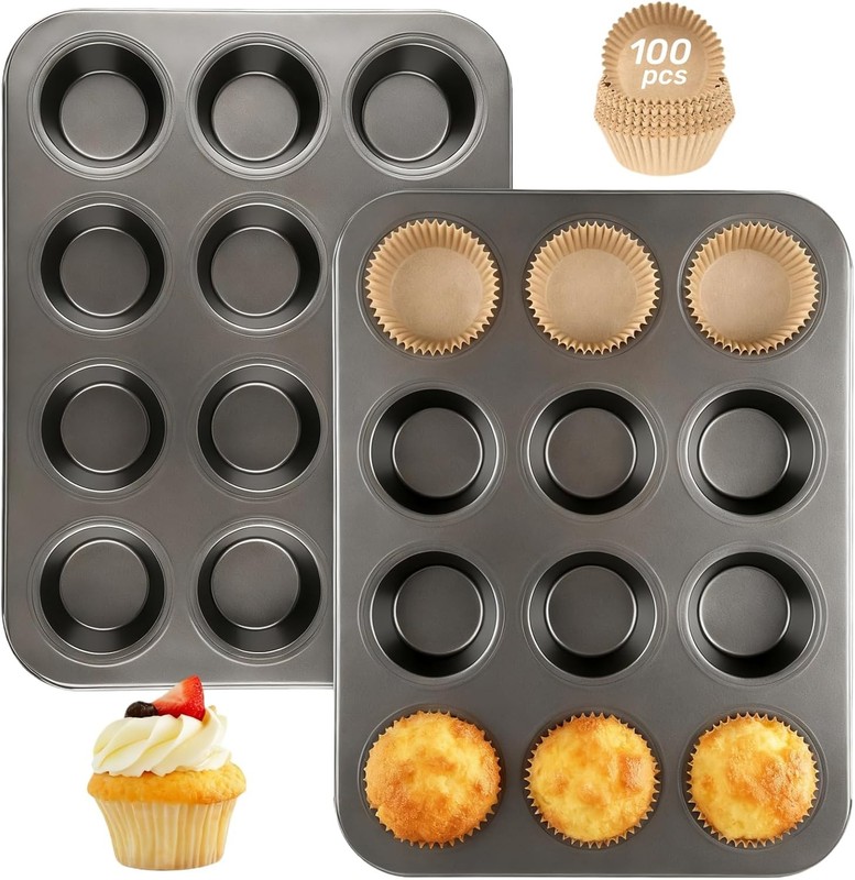 2 Pack Muffin Pan with 100 Cupcake Liners, 12 Cup Nonstick Cupcake Pan for