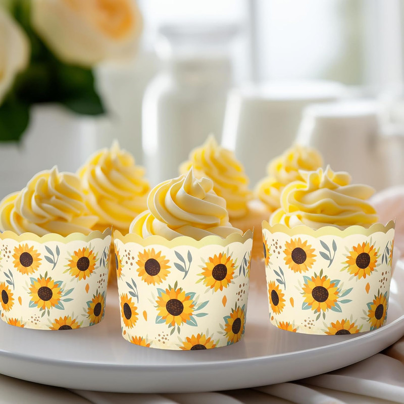 100 Pcs Summer Sunflower Paper Baking Cups with Scalloped Gold Rim Yellow Green gallery