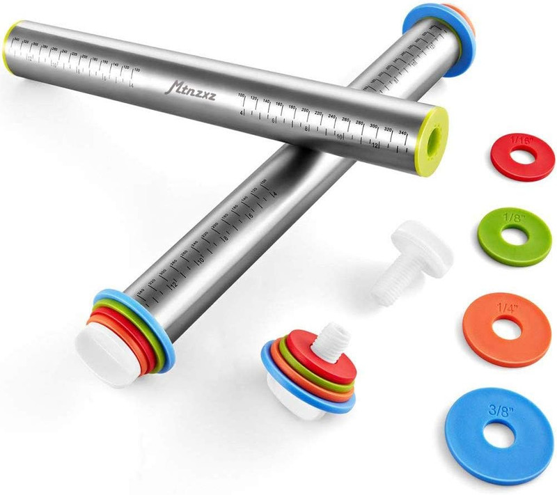 Rolling Pin and Silicone Baking Pastry Mat Set, Stainless Steel Dough Roller, Ro gallery