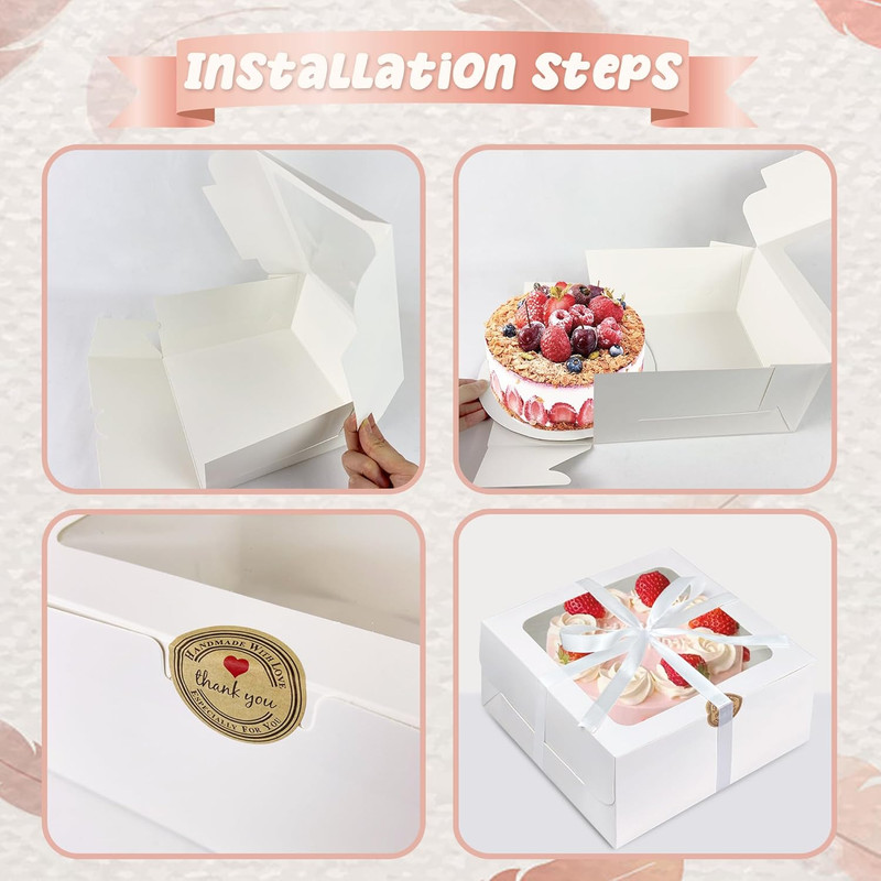 28PCS 8X8X4 Inches White Bakery Boxes with Window Bulk Cardboard Pastry and Whit gallery
