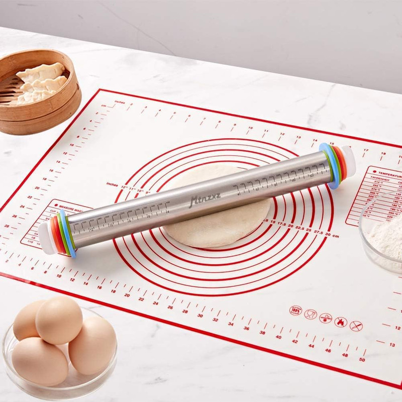 Rolling Pin and Silicone Baking Pastry Mat Set, Stainless Steel Dough Roller, Ro gallery