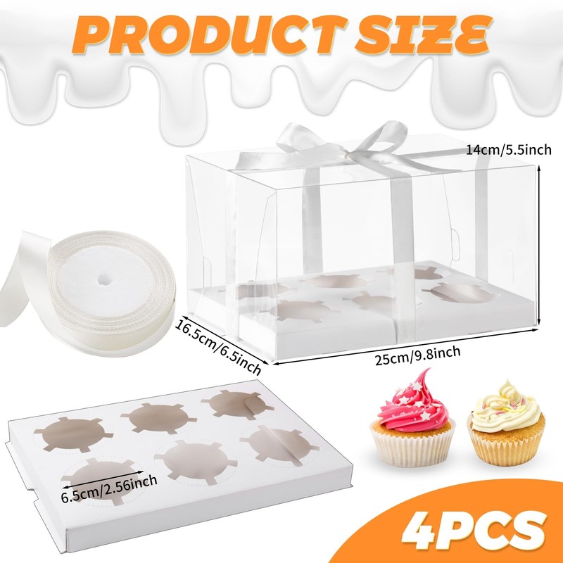 JCD 4 Pack Clear Cupcake Boxes Plastic Containers with Gift Ribbon 5.5inches gallery