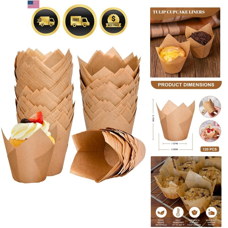 120 Counts Natural Tulip Cupcake Liners for Baking Cups, Food Grade Parchment…