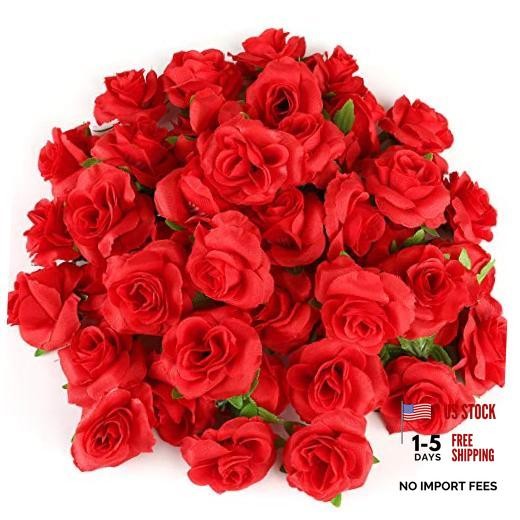 Kesoto 50pcs Roses Buds Artificial Flowers Bulk, 1.6″ Small Silk Fake Roses Red