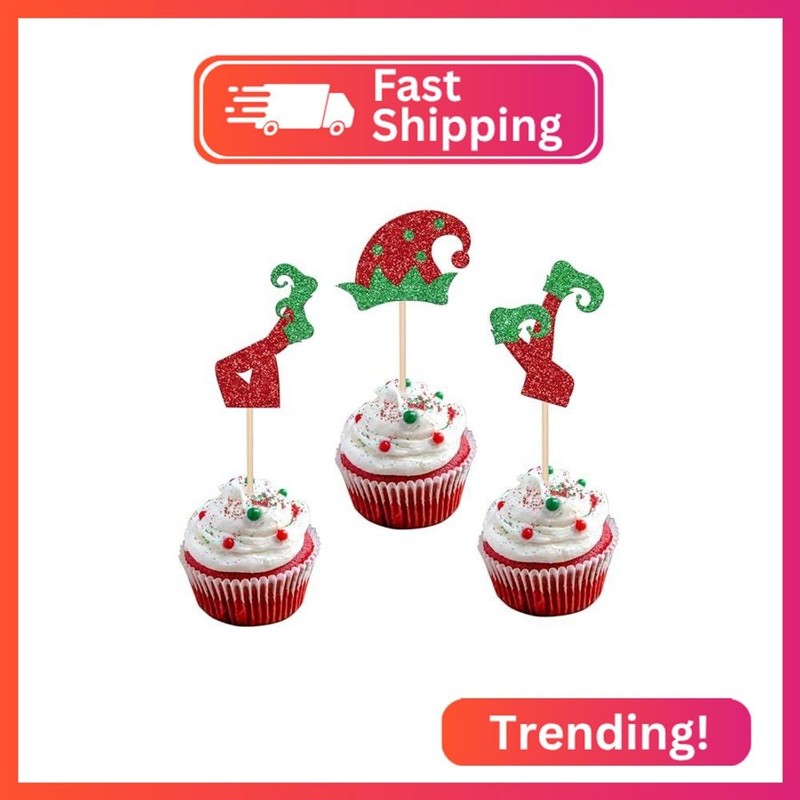 24 PCS Christmas Elf Cupcake Toppers Glitter Santa Hat Elf Legs Cupcake Picks Wi