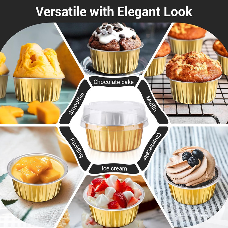 Disposable Ramekins, Gold 50Pcs 5Oz Mini Aluminium Foil Baking Cups with Lids Cr gallery