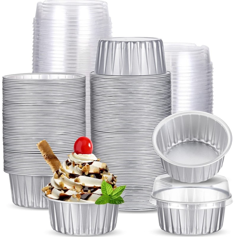 150 Pcs Aluminum Foil Baking Cup Disposable Ramekins with Lids 5oz Mini Cupca…