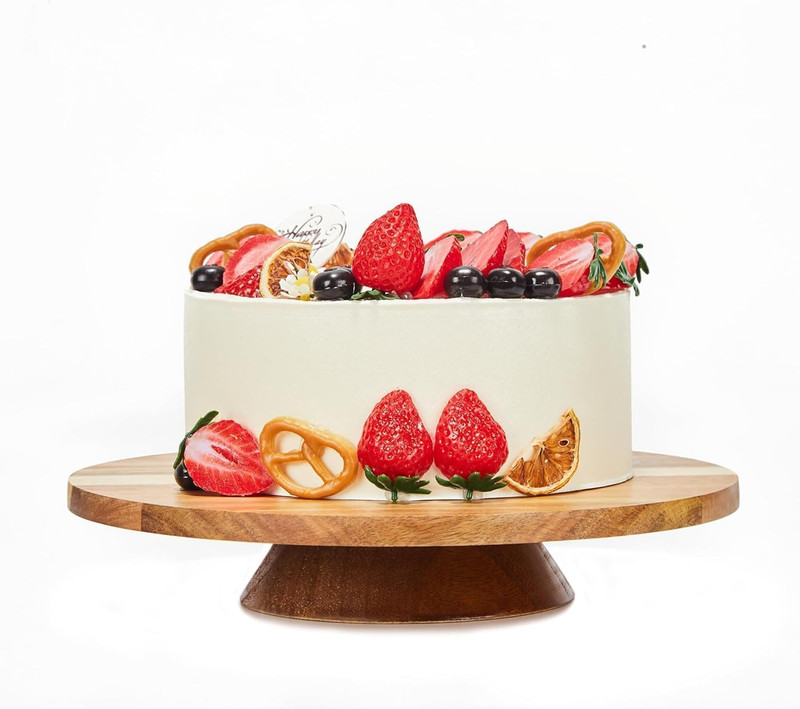 12″ Acacia Wood Revolving Cake Stand, 2″ High Rotating Cake Turntable, Wooden Ro