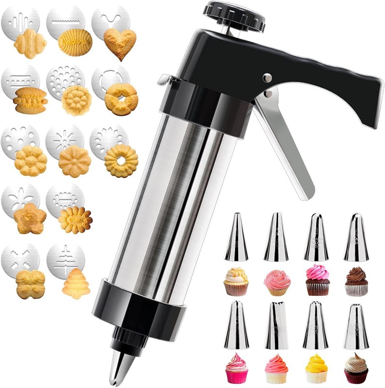 Stainless Steel Cookie Press Gun Kit 13 Discs 8 Icing Tips Baking Decorating